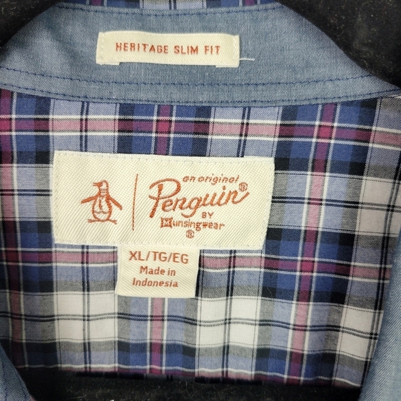 Original Penguin Men’s Blue White Red Crosshatch Button Down Heritage Slim Fit - Picture 4 of 10